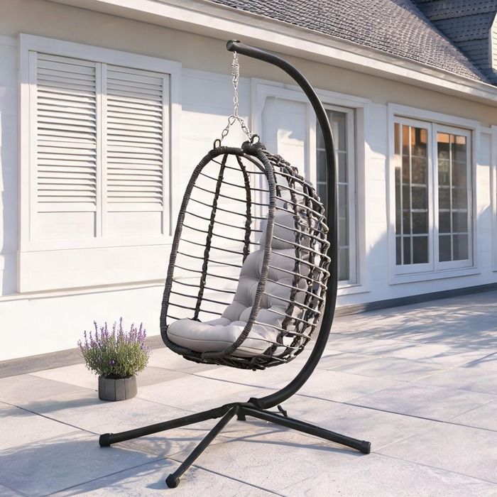 Fauteuil cocon suspendu en résine tressée grise pliable et réglable en hauteur avec coussin et oreiller pour jardin et intérieur