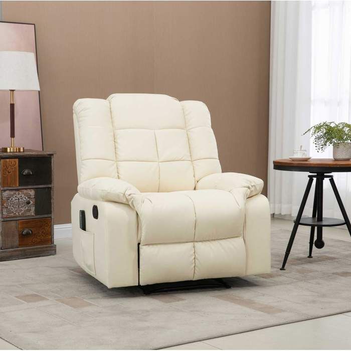 Fauteuil Massant Électrique 1 Place avec Dossier Inclinable 165 Degrés et Repose-Pieds en Simili Cuir Crème Blanc