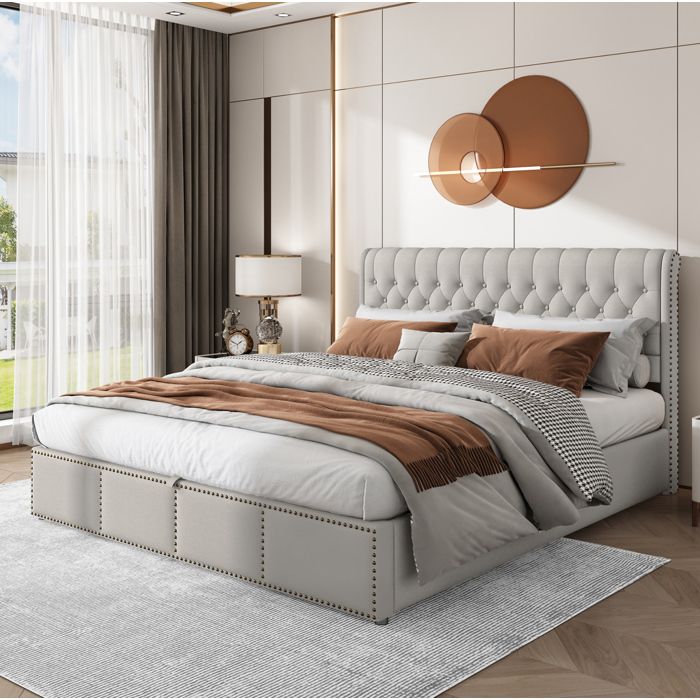 Lit coffre 160 x 200 cm en tissu coton-lin gris avec sommier a lattes inclus et ouverture hydraulique