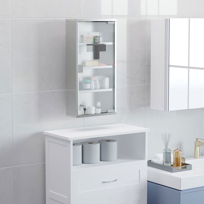 Armoire à pharmacie - SOGEU - 30 x 12 x 60 cm - Acier inoxydable - Verre satiné Croix secours - Porte verrouillable