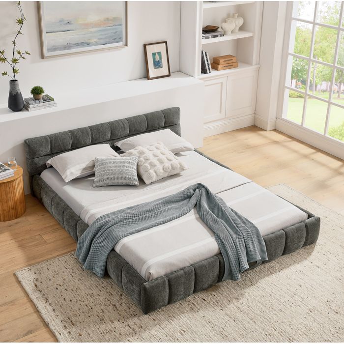 MEUBLIV Lit double 160 x 200 cm en chenille gris foncé sommier à lattes bois d’eucalyptus et fer sans matelas