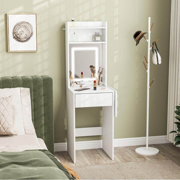 Coiffeuse miroir LED 3 couleurs plateau rabattable rangement ouvert tiroir MDF blanc ORVRYN