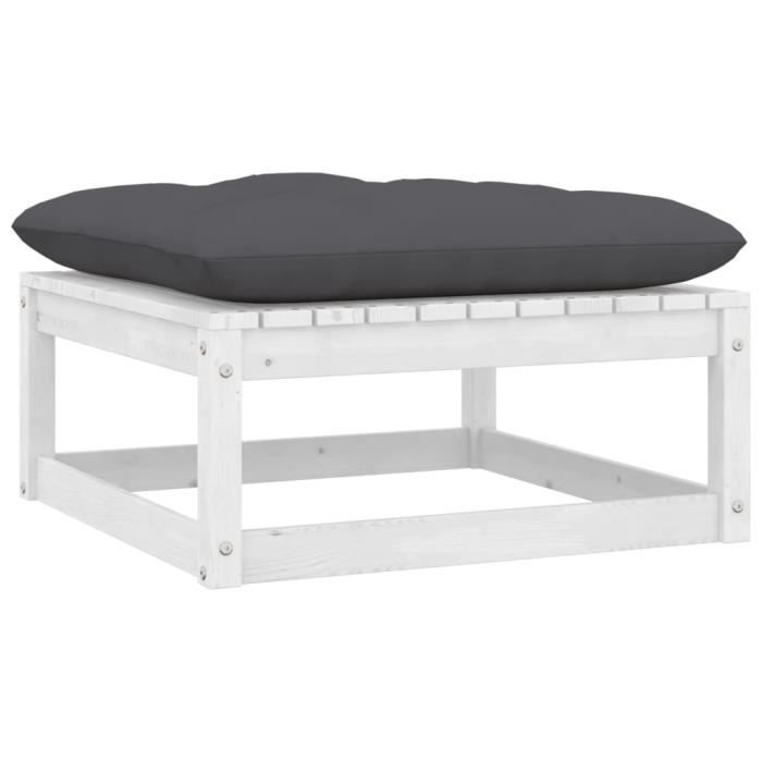 Petit Repose-Pieds En Bois Peint Marron Avec Toile De Jouy Blanc Et Gris – Années 80