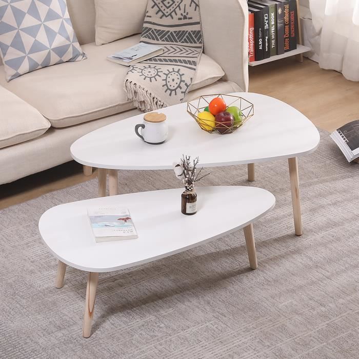 Lot De 2 Tables Gigognes Rondes BOFENG - Blanc Et Chêne Pour Salon Ou Chambre
