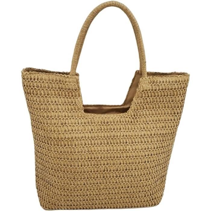 Sac de plage en paille tissée avec poche intérieure sac à main femme style bohème fourre-tout tressé au crochet fermeture éclair
