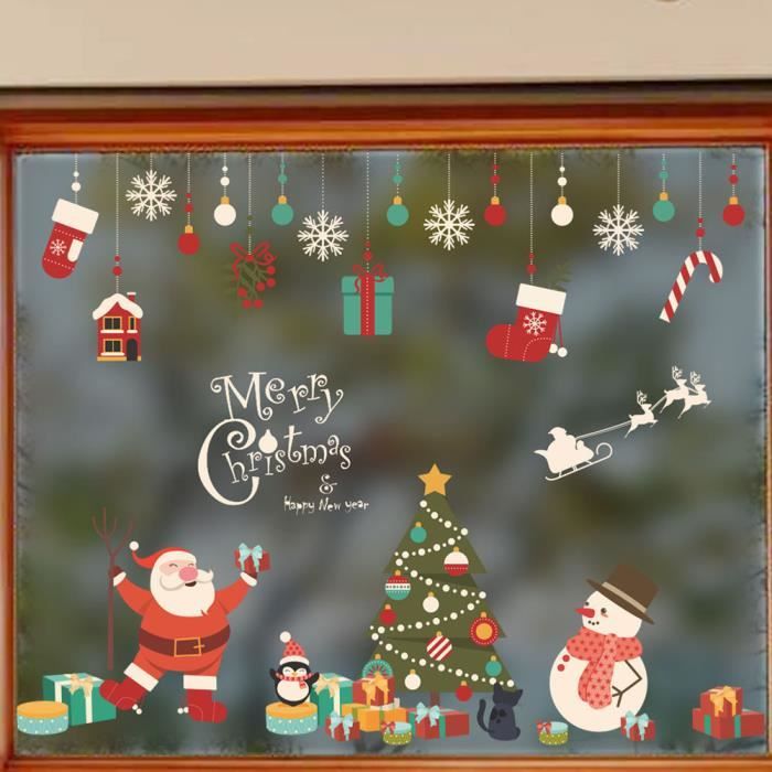 STICKERS DE VITRINE Noël Beau Père Noël bleu flocon de neige renne