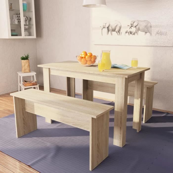Table De Salle A Manger Et Bancs 3 Pcs Agglomere Chene Achat