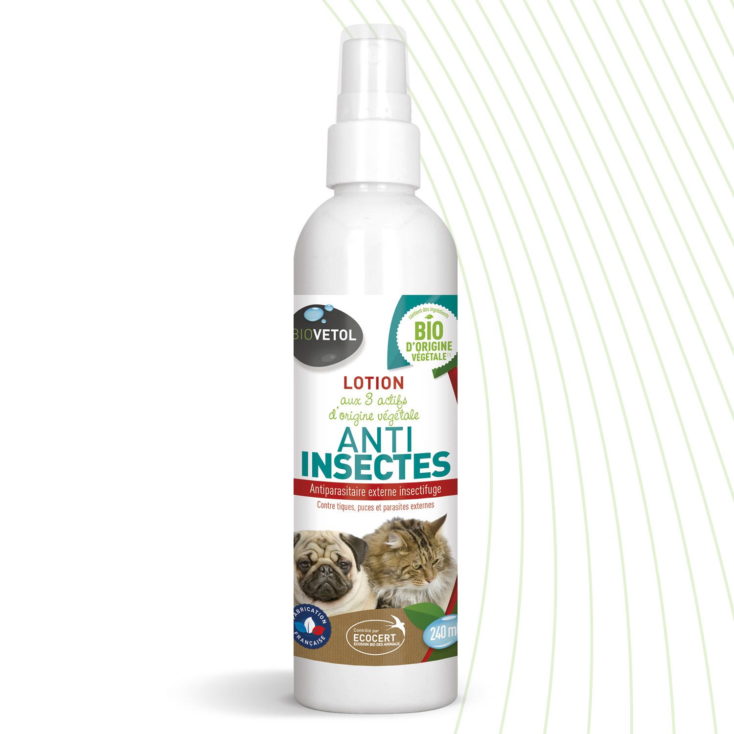 lotion anti-insectes bio - insectifuge bio certifié ecocert - anti-puces, anti-tiques - soin pour chien, chat, chiot, chaton -240ml