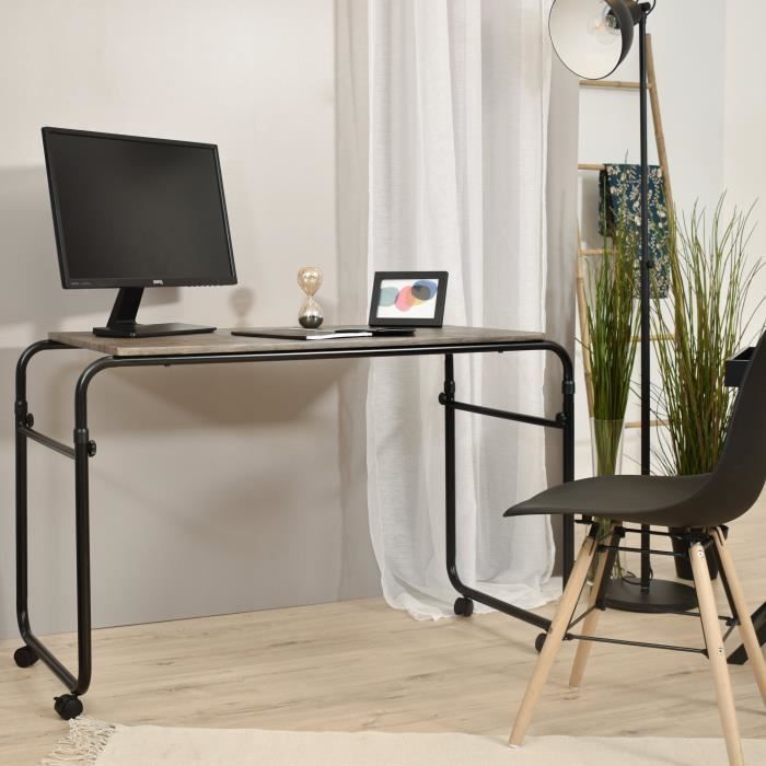 Table De Bureau Mobile Style Industriel Hauteur Reglable Et Sur Roulettes Plateau Effet Bois Sombre 94 5 X 55 X 72 82 92 Cm Achat Vente Bureau Table De