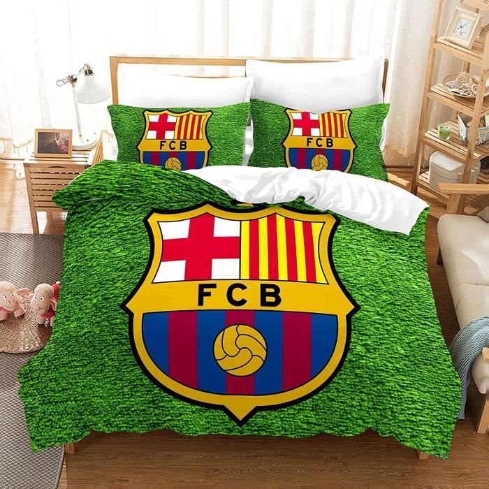 Parure De Lit 3 Pièces FC Barcelone - Housse De Couette + Taies D'oreiller - Impression 3D Football - Microfibre Douce