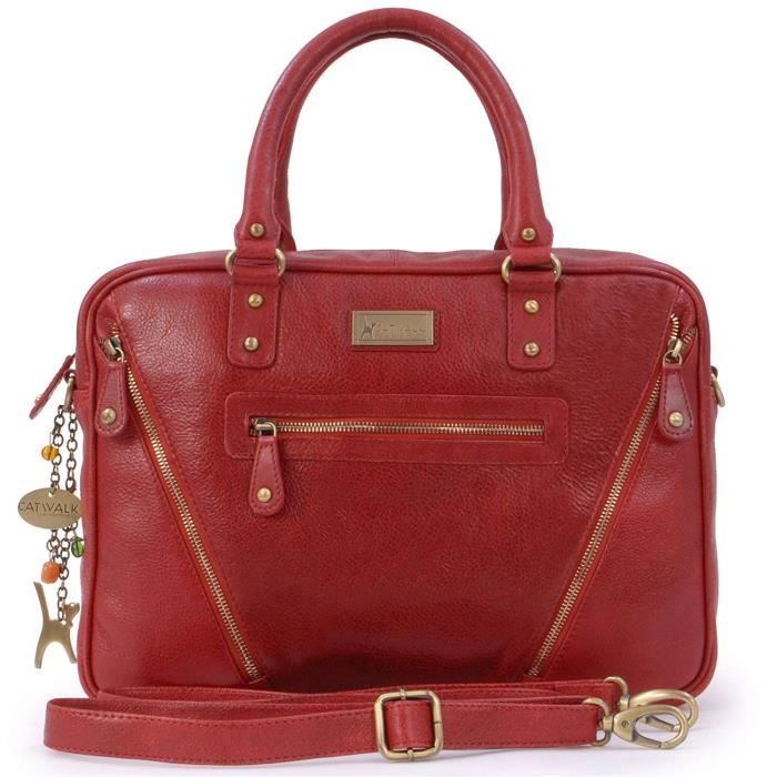CATWALK COLLECTION Femme Sac de travail Porte documents Mallette paule Cuir Vintage SIENNA Rouge