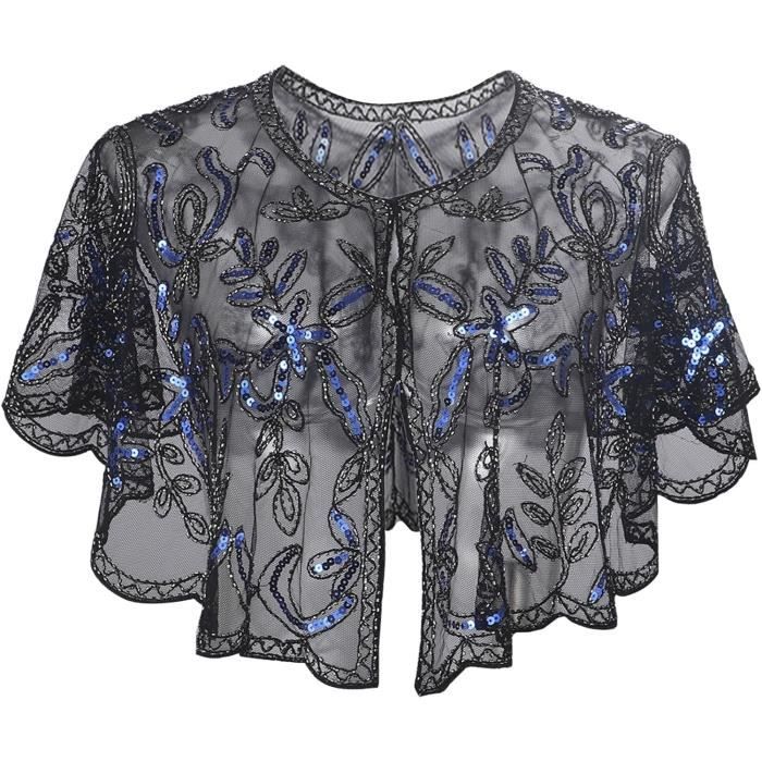 Cape Mariage EORUBE Étole Des Années 1920 Pour Femme - À Paillettes - Pour Robe De Soirée - Rétro - Pour Femme - Gatsby - Accessoire De Costume, Noir/bleu, Taille Unique Chale Annee 20 Femme Gatsby