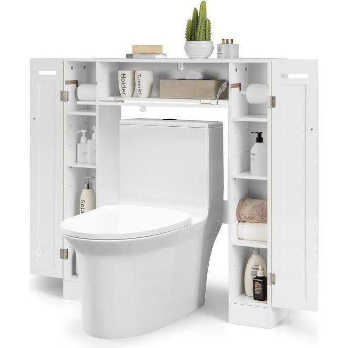 giantex meuble dessus toilettes wc avec 7 compartiments+2 support-papier,2 étagères réglables,colonne salle de bain à 4 étages,blanc