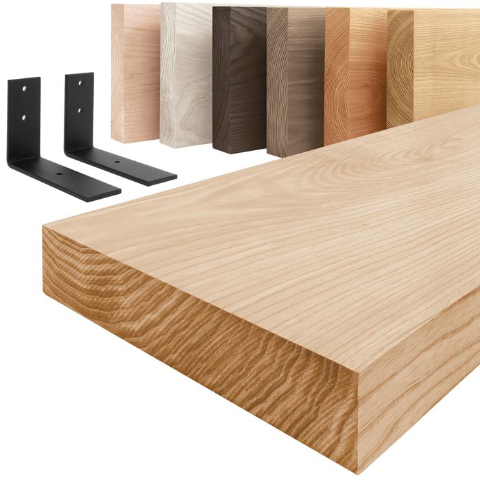 Étagère Murale Bois Massif Frêne Irrégulier 80 Cm - Style Rustique Naturel - Équerres Noires - Lamo Manufaktur LW-01