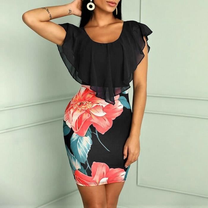 Robe Courte Sexy Femmes Soiree Floral Manches Volantee Robe Moulante Mini Robe Noir Noir Cdiscount Pret A Porter