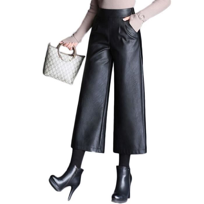 Pantalon Femme en Simili Cuir Large Couleur Unie Taille Haute