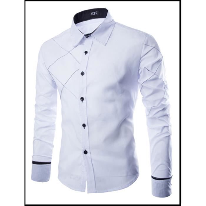 Chemisette Hommes Business Loisirs Respirant Manches Longues Couture Couleur Pure Trace de grille Chemise Blanc