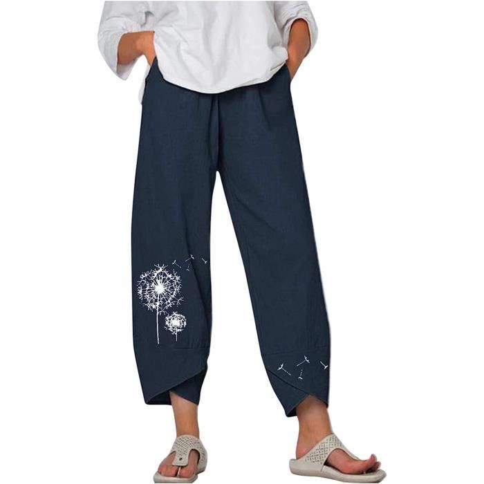 Pantalon Sarouel En Coton Et Lin Pour Femme Taille Élastique Décontracté a