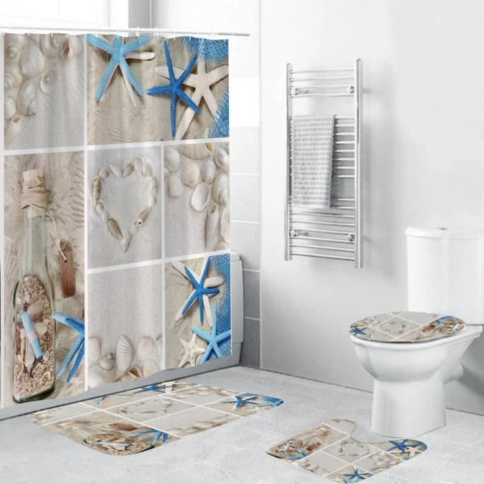4pcs kit tapis de bains rideau de douche toilettes housse couvercle toilette antiderapant en flanelle style de plage 180x180cm achat vente tapis de bain cdiscount