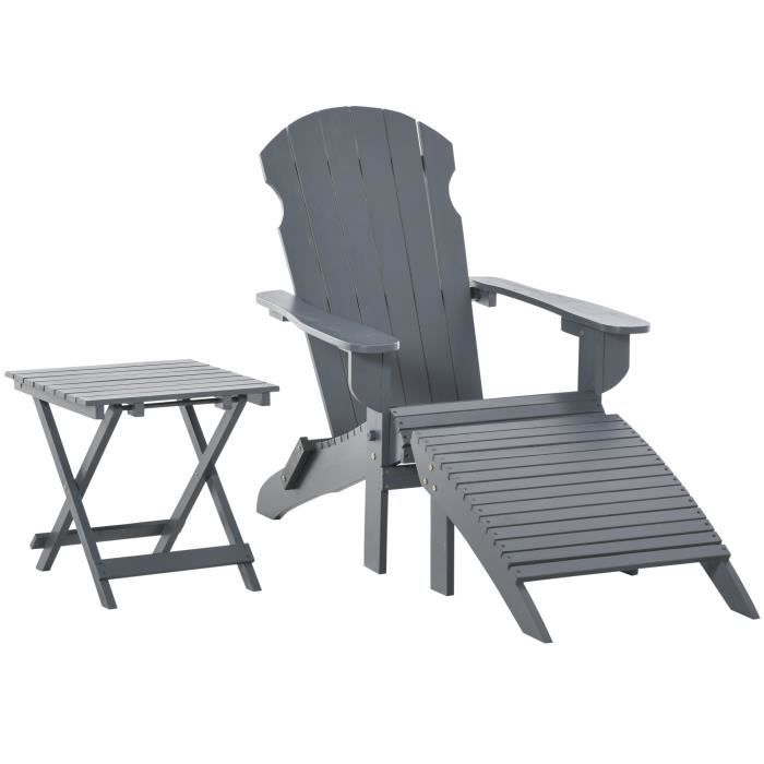 fauteuil de jardin adirondack pliable - outsunny - bois sapin gris - haut dossier incliné et repose-pied