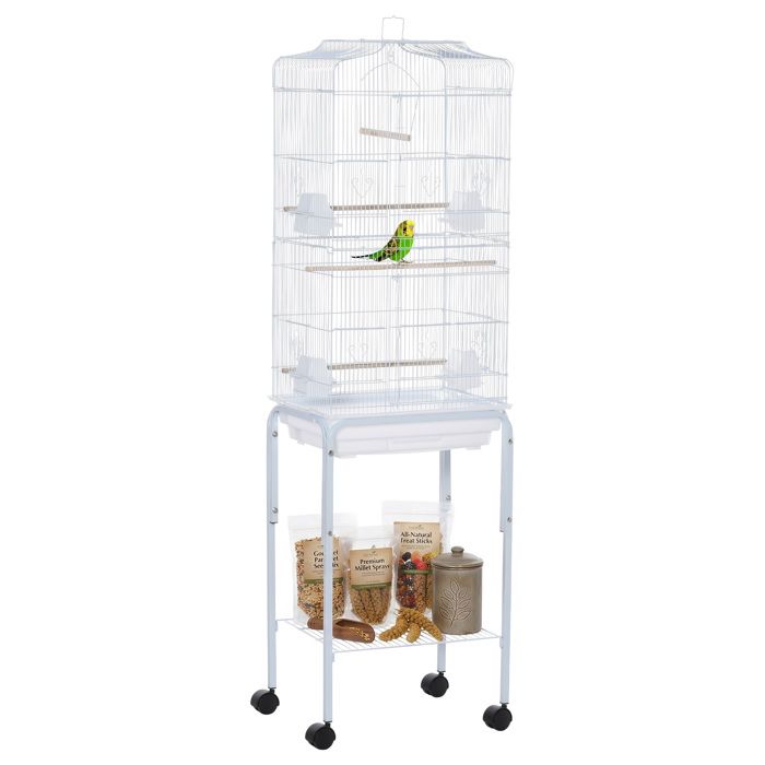 Cage à oiseaux sur pied - PawHut - sur roulettes - avec toit ouvrant 3 perchoirs étagère inférieure - 465 x 36 x 157 cm - blanc