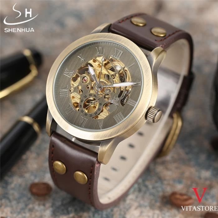 montres de luxe pour hommes montre-bracelet mécanique automatique montre en cuir pour horloge squelette masculine