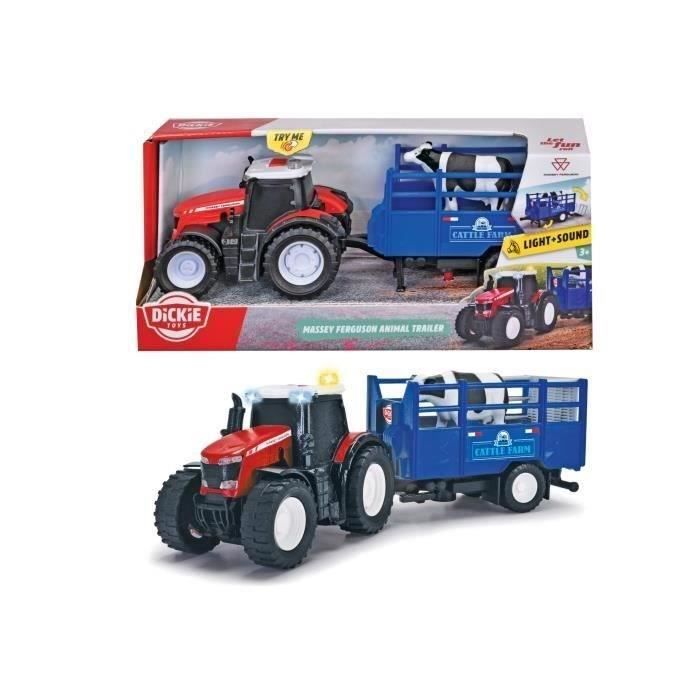 Tracteur Massey Ferguson - Dickie - 26cm - Roues libres, remorque, son et lumière - Dès 3 ans