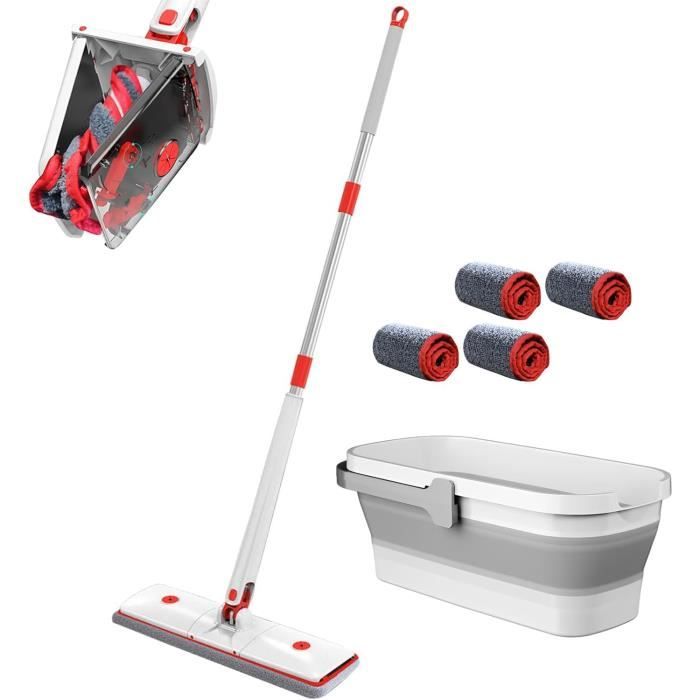 Kit Balai Serpillère Avec Seau Double - Essoreuse Rotative 360°, Séparation Eau Propre/sale - 4 Tampons Microfibre