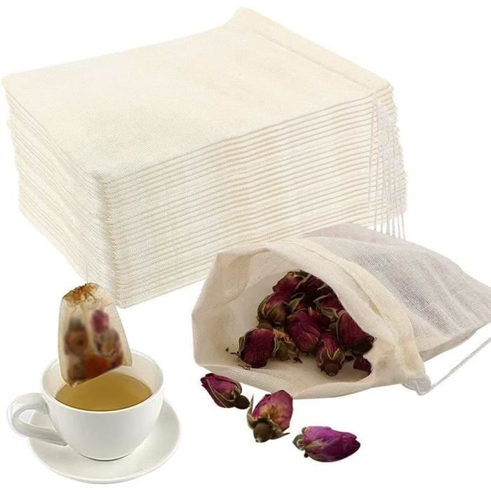 Sachet de Thé Réutilisable 50pcs Sachet en Mousseline de Coton Sachets Filtre à Thé Avec Cordon
