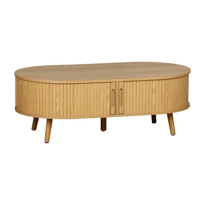 Table basse 2 portes coulissantes avec 3 compartiments décor bois rainuré. L 110 x P 59 x H 39cm