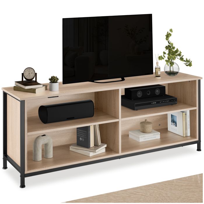 Meuble TV - TECTAKE - Étagère pour téléviseur NAVAN en bois et acier au style industriel 147 x 41 x 605 cm - Bois clair