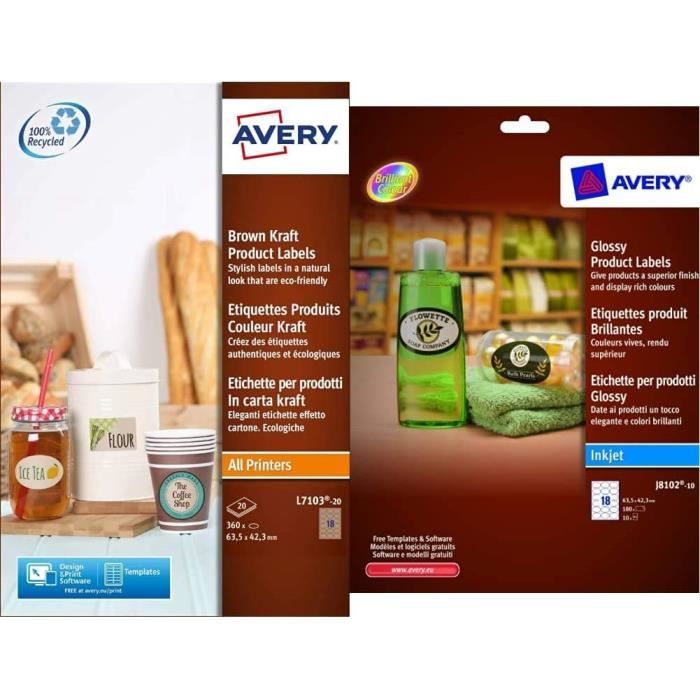 Étiquettes Autocollantes Kraft AVERY - 360 étiquettes 62x42 Mm Imprimables