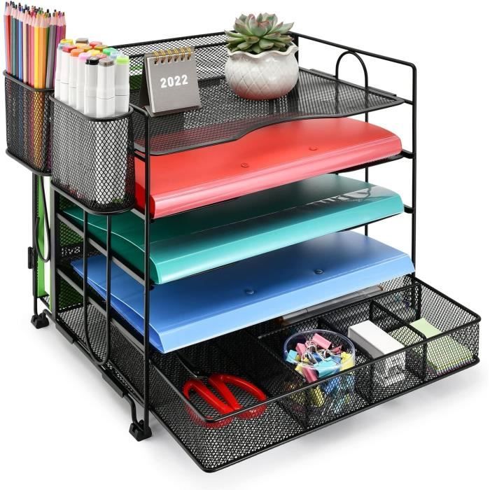 Organisateur De Bureau Métal 5 Plateaux Avec Tiroir - Porte-Stylos Et Range-Revues - Rangement Multifonction