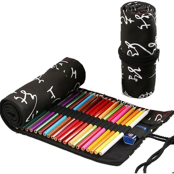 Trousse Crayons 72 Trous, tui Crayons en Toile, Trousse Crayon de Couleur Enroulable, Pencil