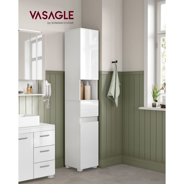 VASAGLE Armoire de Salle de Bain Colonne avec Tiroir Étagères Réglables Compartiments 30 x 30 x 170 cm Blanc
