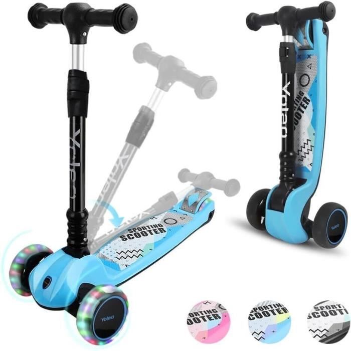 YOLEO Trottinette Enfants Pliable, Trottinette 3 Roues avec LED Roues Plateau Antidérapant, Patinette réglable en Hauteur, Trottinettes Classiques Enfant, Scooter pour Enfants - Équipements vélos