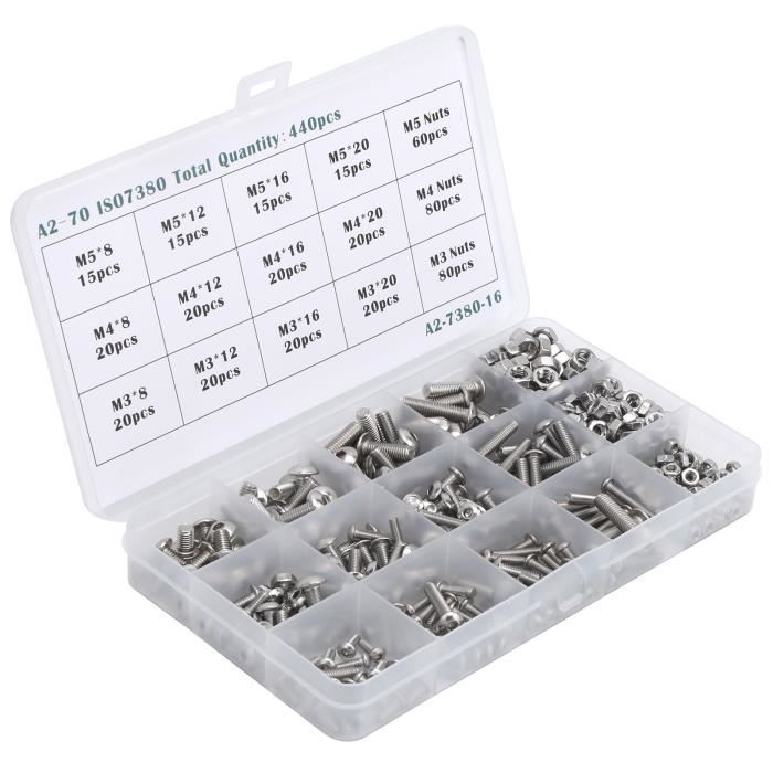 Zerone kit d'écrou de vis 440 pièces M3 / M4 / M5 vis à six pans creux ...