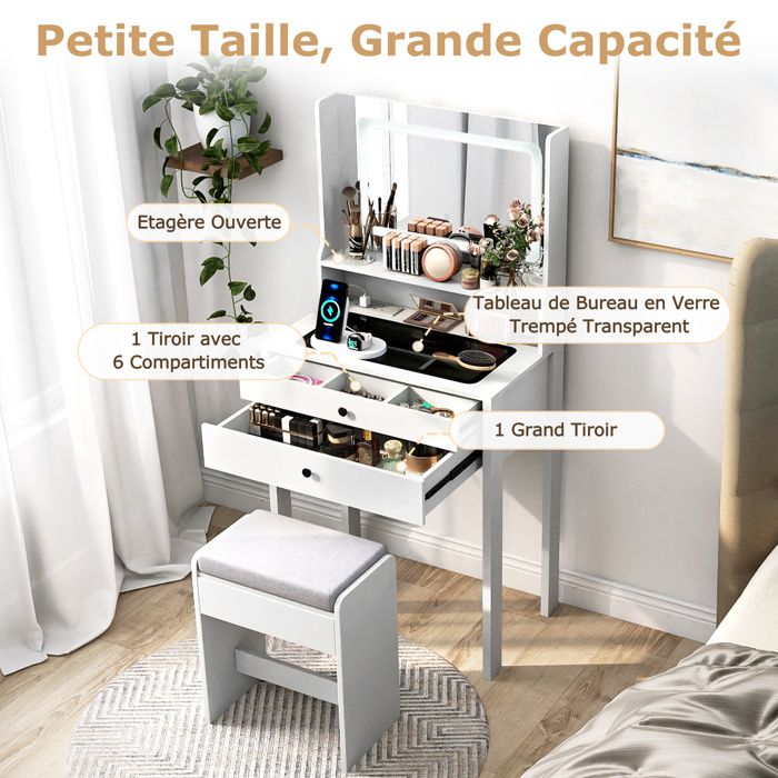 Ensemble De Coiffeuse Avec Miroir Éclairé Et Tabouret Table De Maquillage Avec Lumieres Led 3 Couleurs Tiroirs Pieds En Bois De Pin Blanc