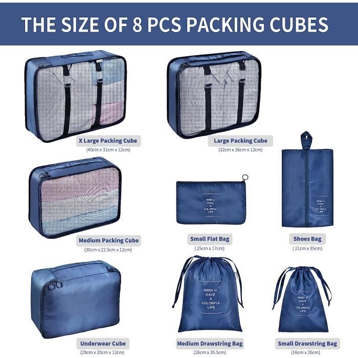 Rieeyrslza Lot de 8 Sac Organiseurs de Bagage Organisateur Valise Sacs de  Rangement Cube d'emballage de Voyage Différents Tailles des Voyage Cubes de  Emballage pour les Vacances (Beige) : : Mode