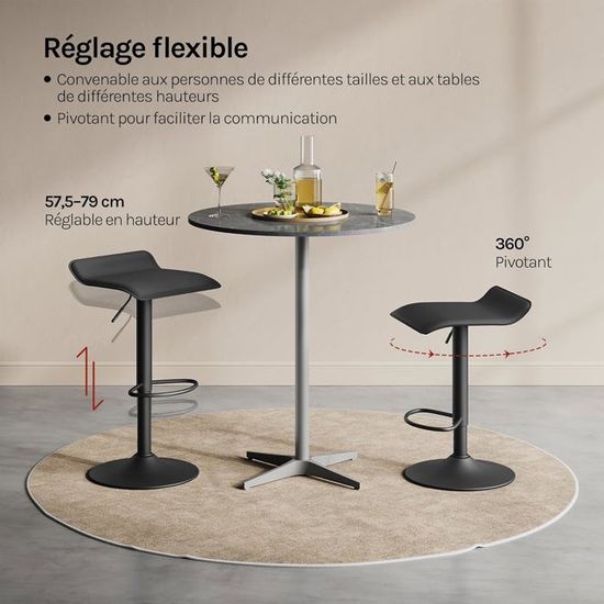 Tabourets De Bar Réglables - Lot De 2, Dossier En Pétale, Assise Pivotante Velours, Gris Foncé