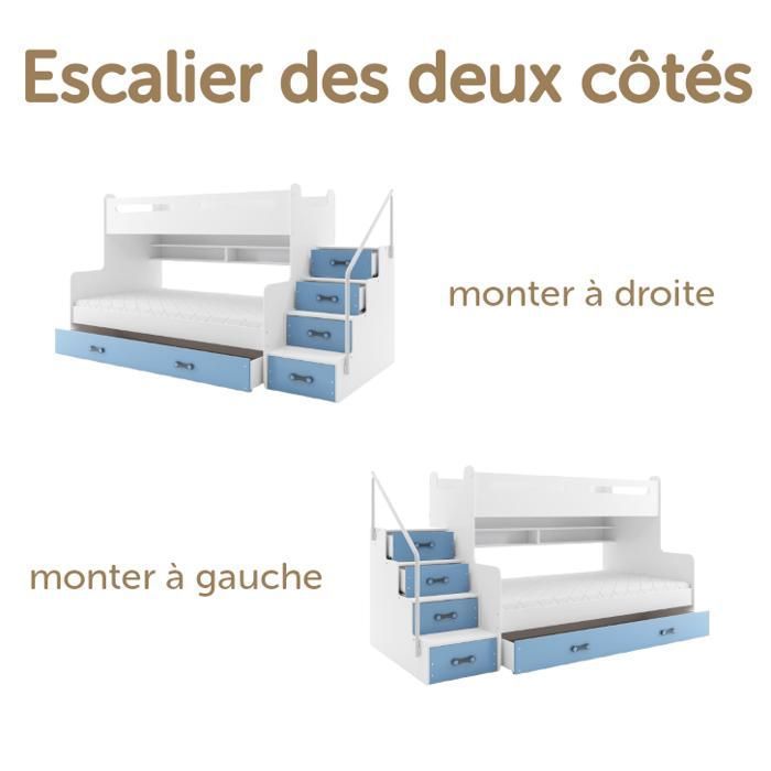 Lit Superposé Enfant MAX3, 200x80, 200x120 Escalier-Sommier & Barrière De Sécurité, 5 Tiroirs, Charge 100 Kg, 2 Enfants - Maison
