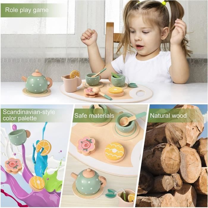 Service Thé Bois Montessori - Jeu D'imitation Fille | 18 Pièces Rose
