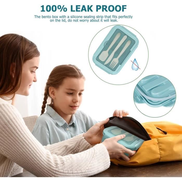 Litimkat Boîte Bento Enfant 1330ml - 6 Compartiments Anti-Fuite - Fourchette Et Cuillère Incluses - Vert