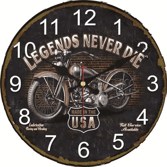 Grande déco murale moto ancienne en relief avec horloge 120 cm