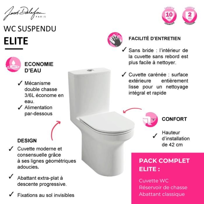 WC Sans Bride Jacob Delafon Gaspard - Sortie Horizontale, Réservoir 3/6L économique - Blanc