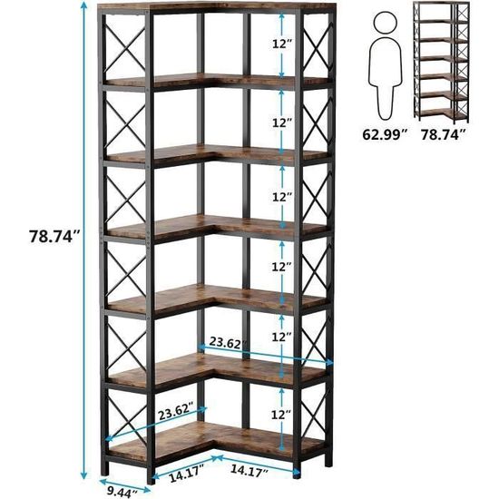 Hzuaneri Bibliothèque D'Angle Industrielle 6 Niveaux - Étagère De Rangement Robuste Brun Rustique Pour Salon, Chambre Et Bureau BC29601B