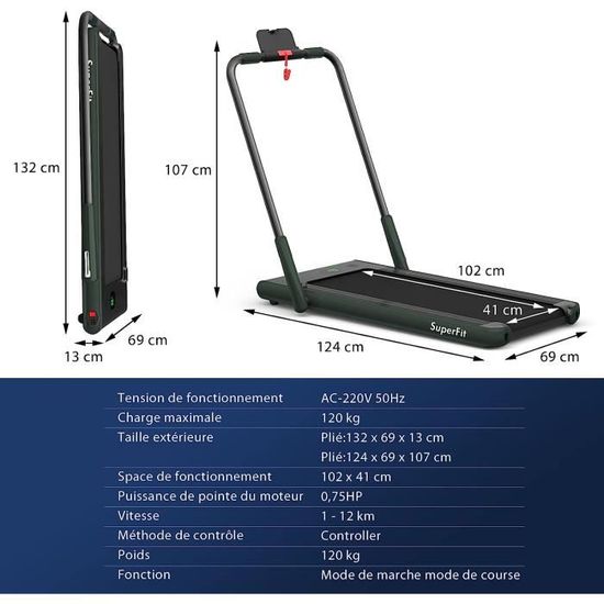 Goplus Tapis de course pliable pour la maison, tapis de course pliable autonome avec 12 programmes prédéfinis, écran LCD réglable, capteurs de pouls, tapis de course compact portable pour la marche et