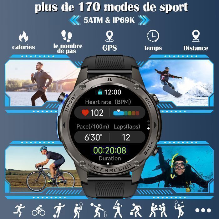 Montre Connectée Homme GPS AMOLED 1.508" - Appels Téléphoniques, 170+ Modes Sport, Surveillance Santé, étanche IP68