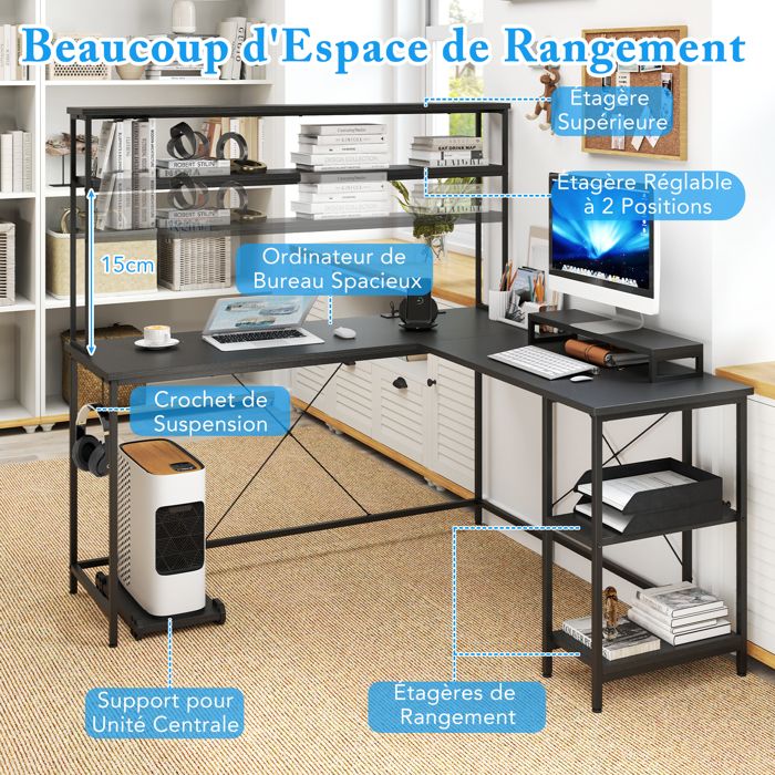 Bureau D'angle Gaming 120 Cm Avec LED, Prises USB-C, étagères - Noir