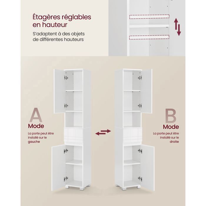 Armoire de Salle de Bain VASAGLE Colonne avec Tiroir Étagères